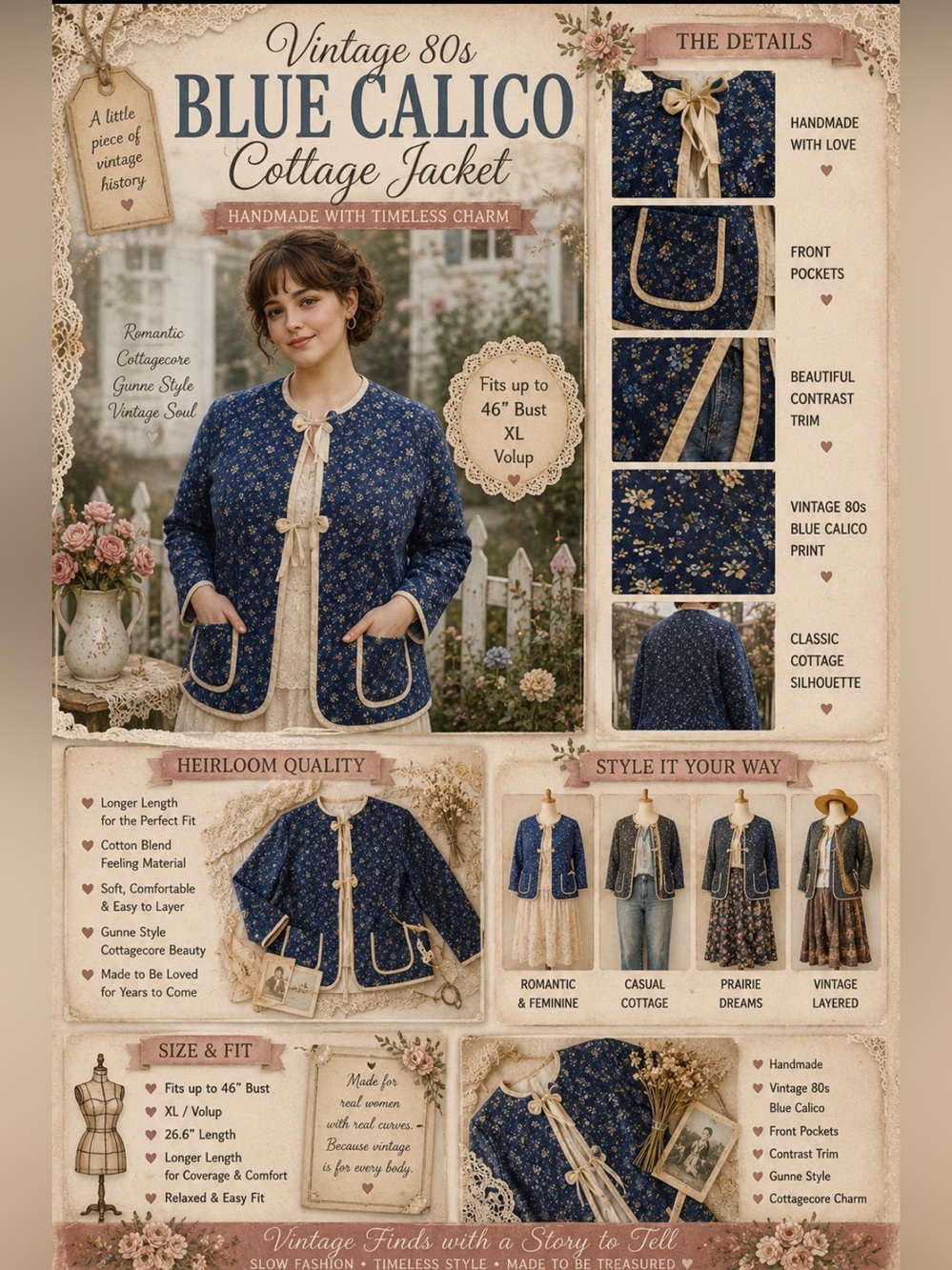 *Vintage 80s - handmade blue calico jacket/ Volup/ XL